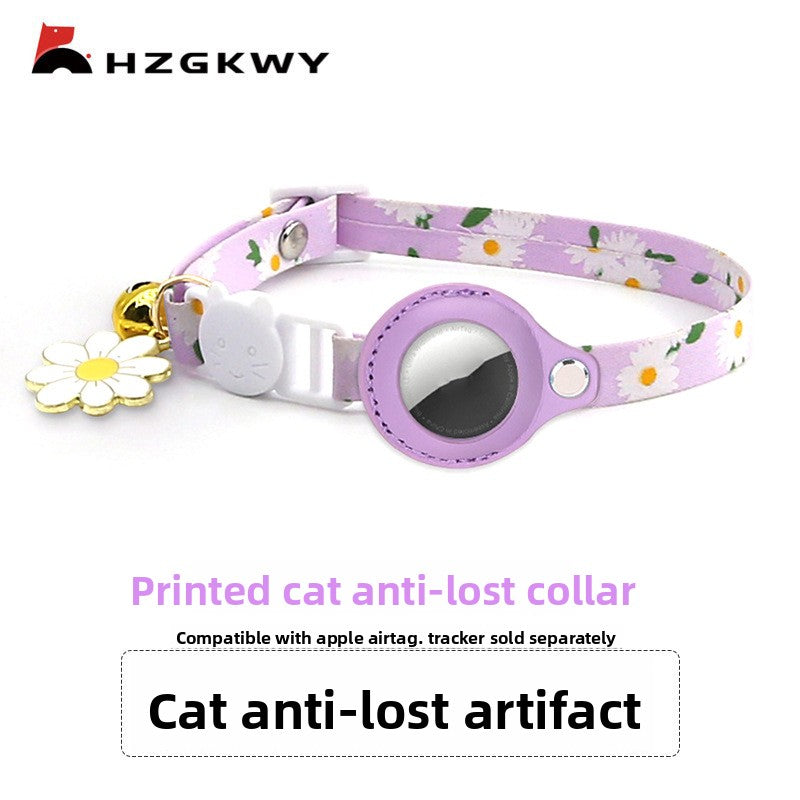 Printed cat collar with tracker tag holder in green on a cat