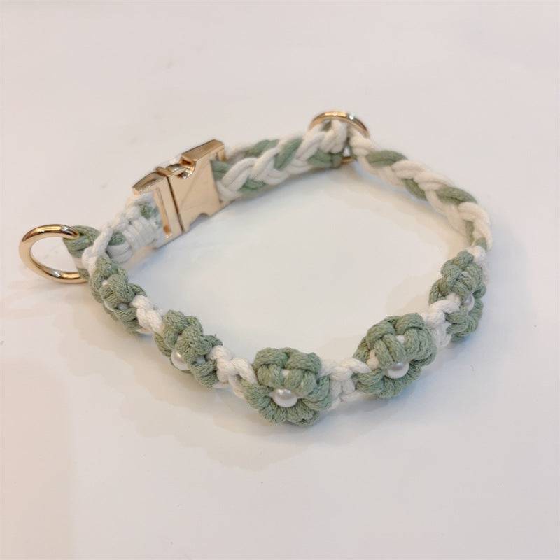 Handmade woven boho pet collar with pearl flowers in Green, top view