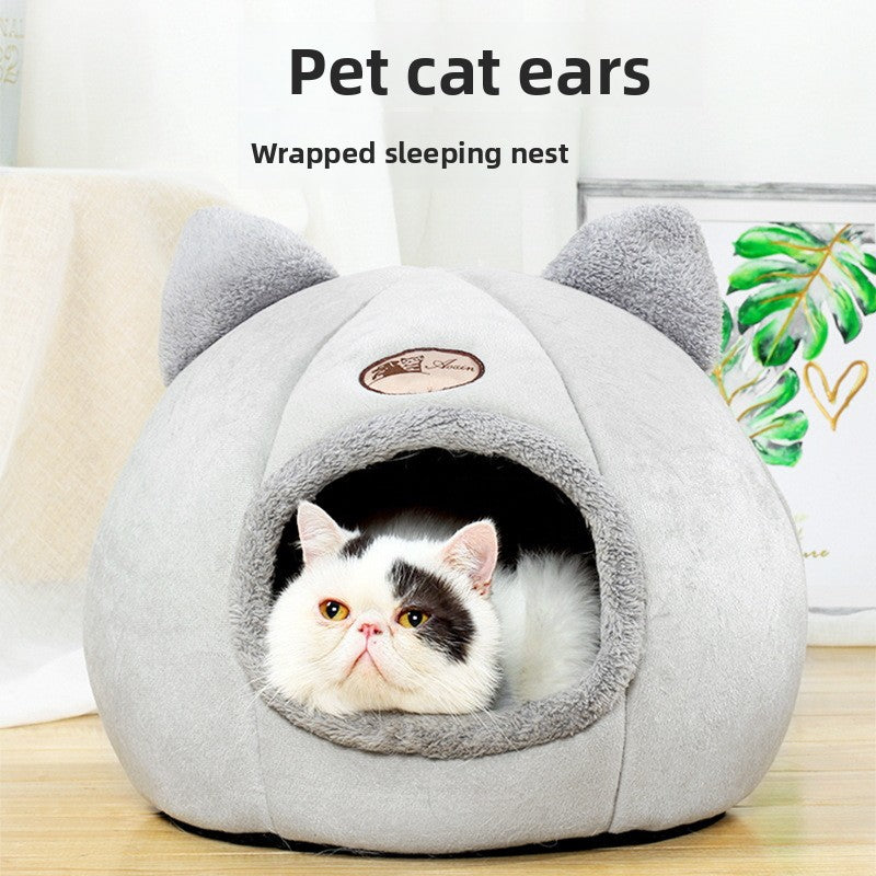 Pink semi enclosed velvet cat bed, cube shaped warm nest, view 2