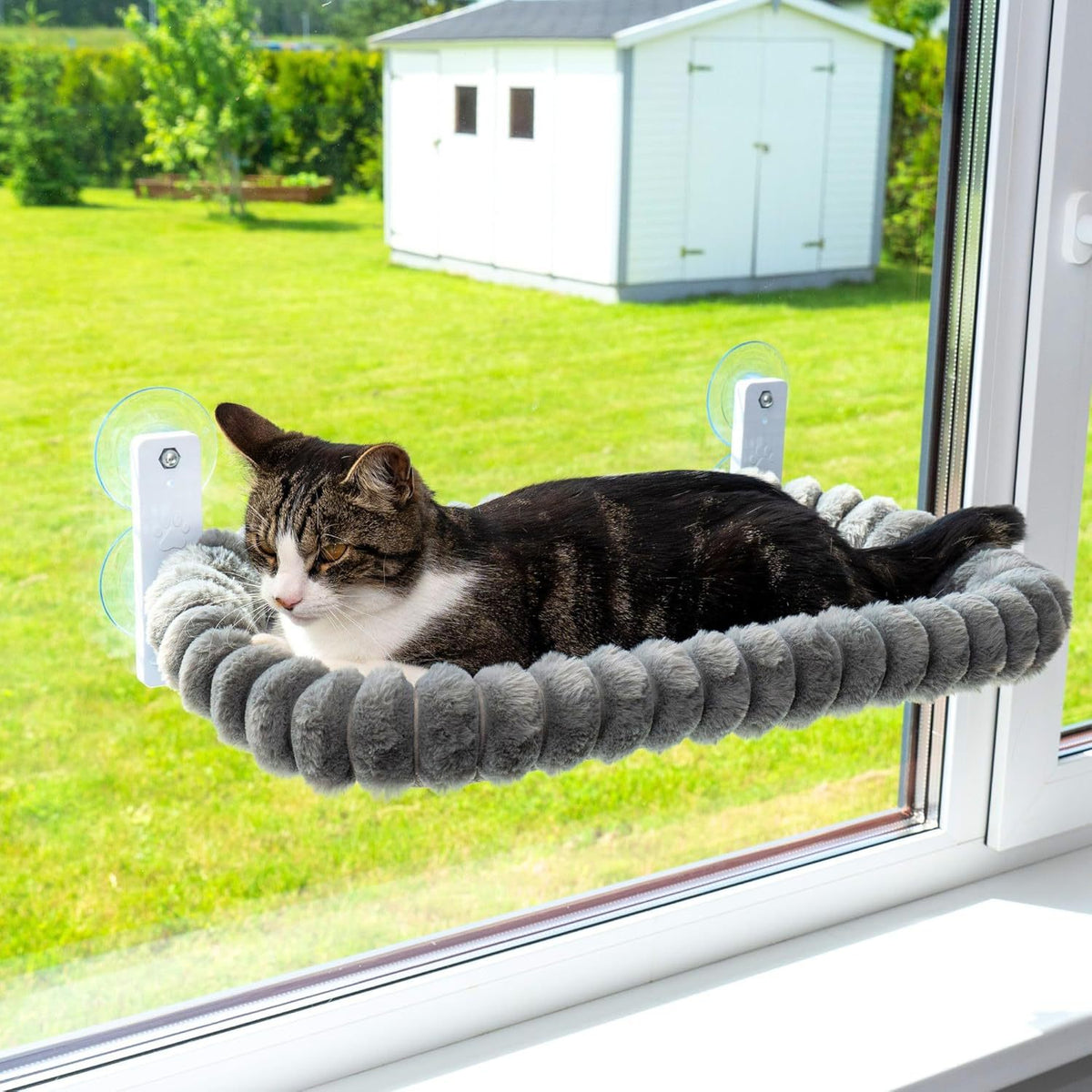 Suction cup window cat bed with plush cushion, further angle view