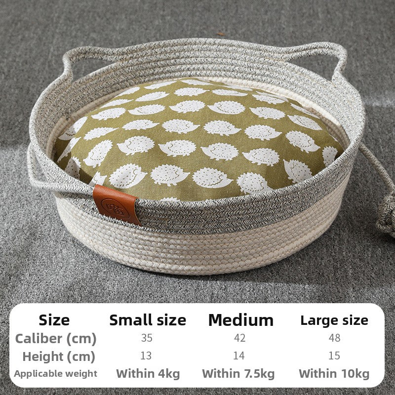Hand woven round cotton and linen pet nest in grey, view 19
