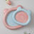 Glazed ceramic pet food plate with bear design in blue and pink, view 3