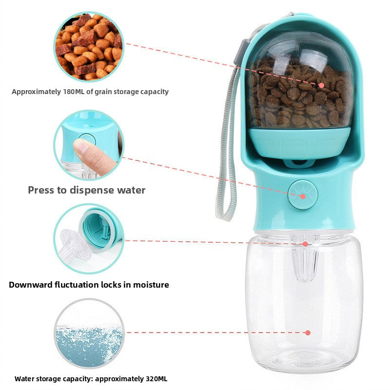 Portable pet drinking and feeding bottle in Blue 320ml, front view