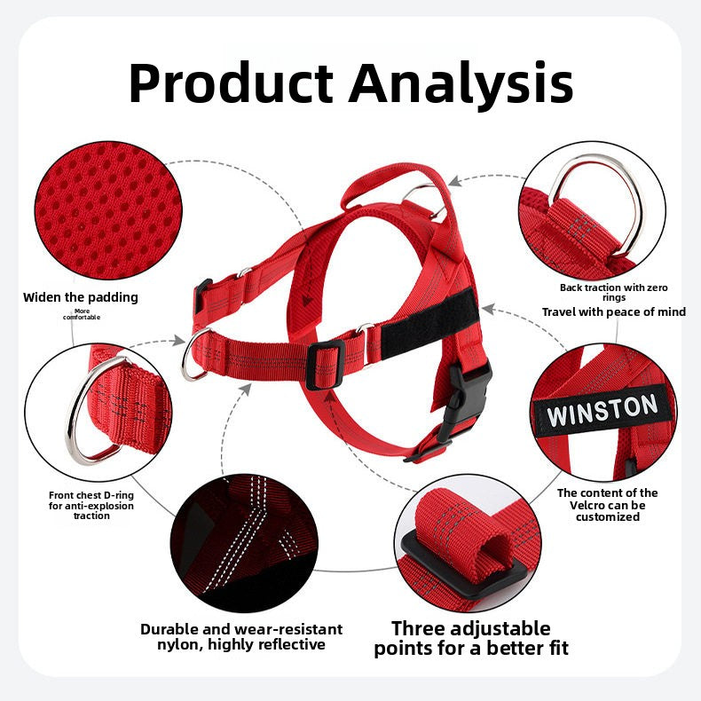 Wide chest nylon dog harness with front buckle and metal hardware, product image 2