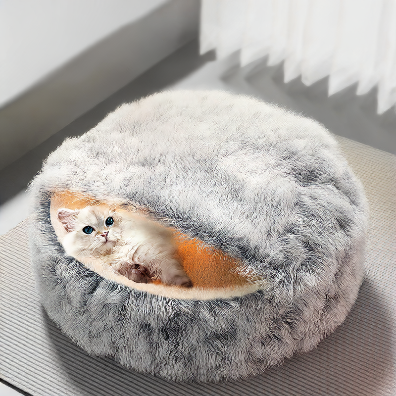 Grey semi enclosed long pile velvet cat bed, view 1