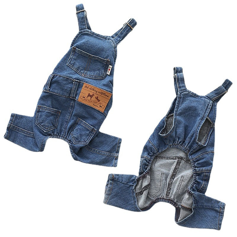Washed denim dog jumpsuit with suspenders in Blue, front view