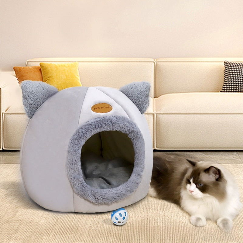 Grey enclosed cat head pet house with washable pad, view 4