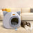Grey enclosed cat head pet house with washable pad, view 4