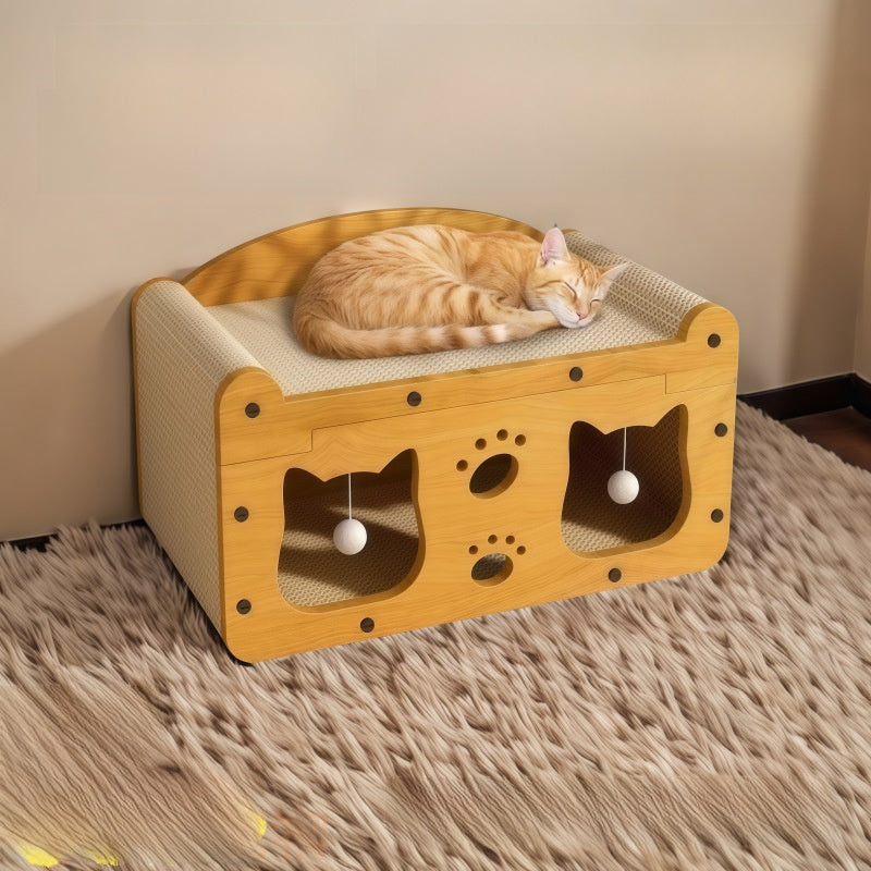 Two tier wooden cat scratching house with doors in natural wood, view 12