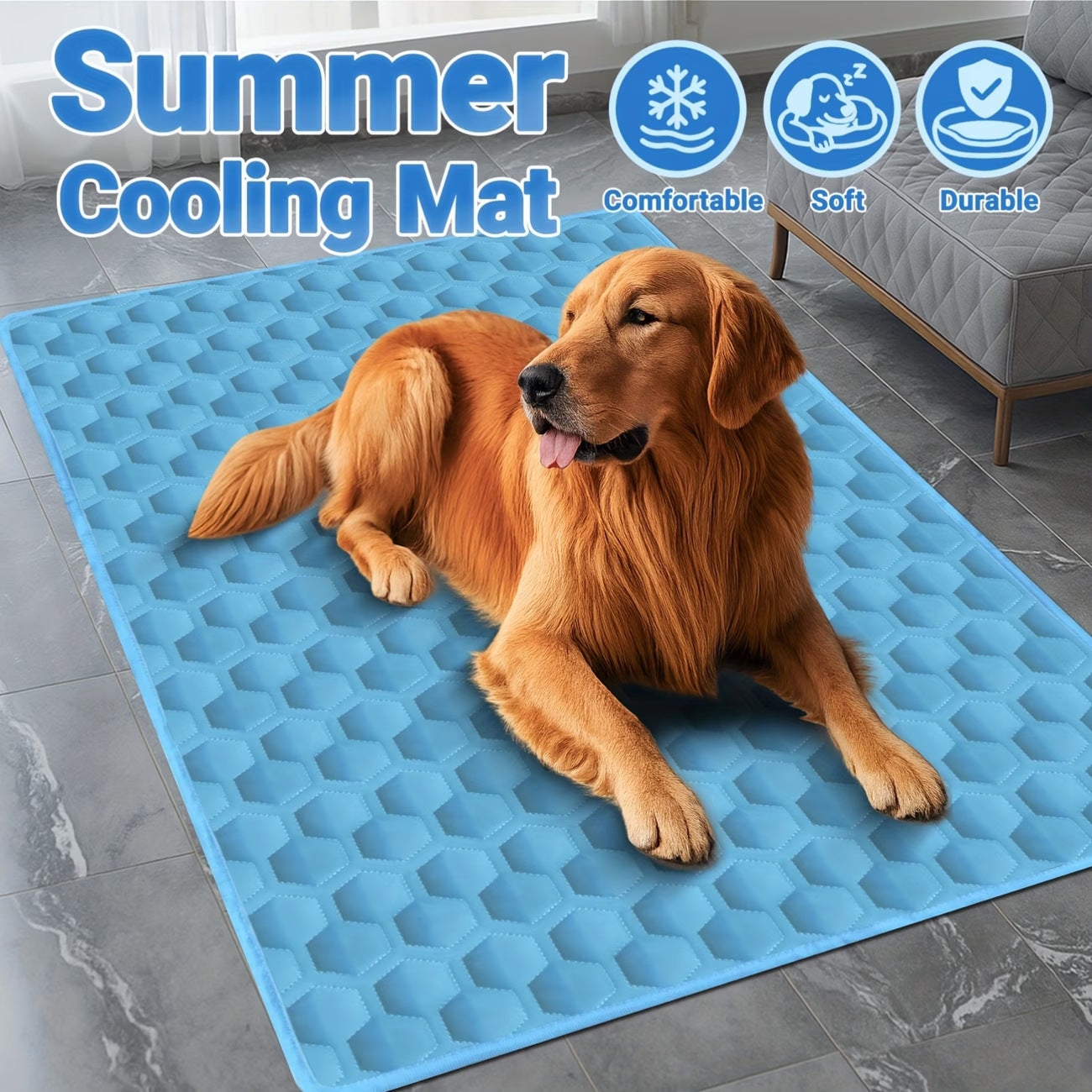 Cool-touch pet cooling mat in blue for dogs
