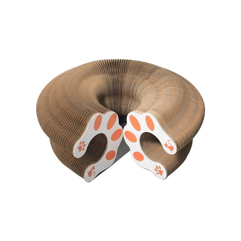 Foldable accordion cat scratcher with bell toy, product detail photo
