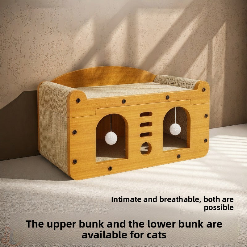 Two tier wooden cat scratching house with doors in natural wood, view 2