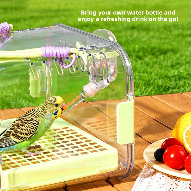 Clear portable bird travel cage with purple trim, view 2