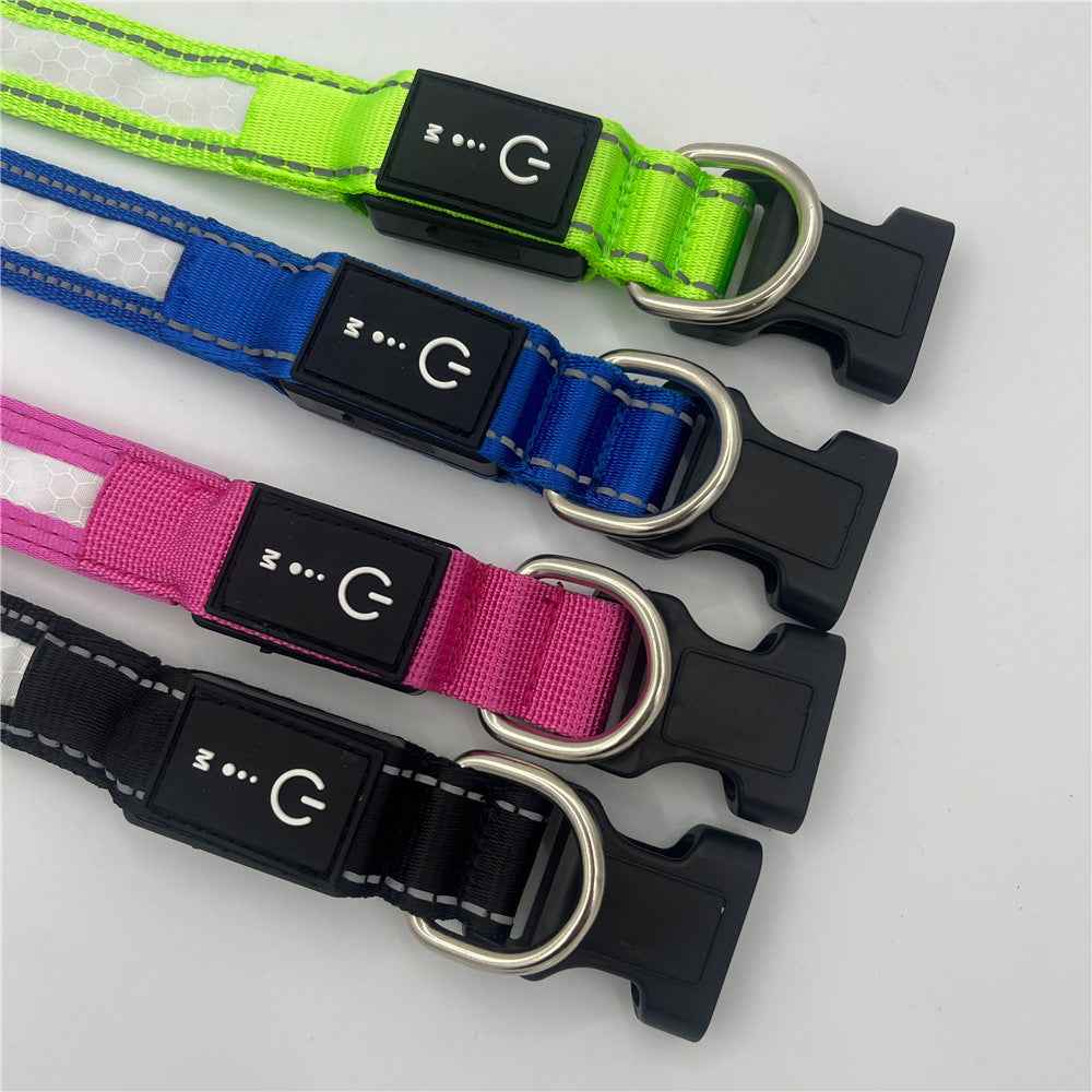 Adjustable LED light up dog collar in Green, front view