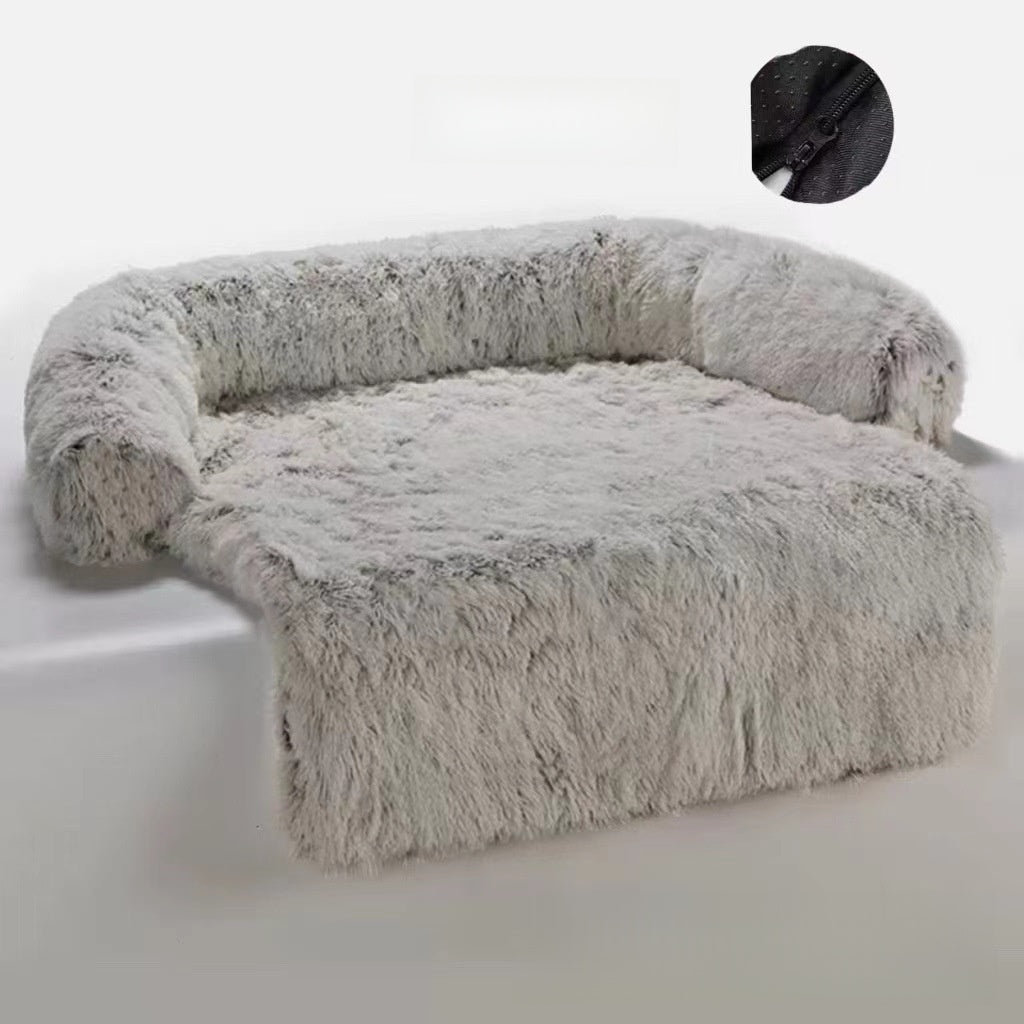 Dark grey long plush curved dog bed with raised sides, photo 63