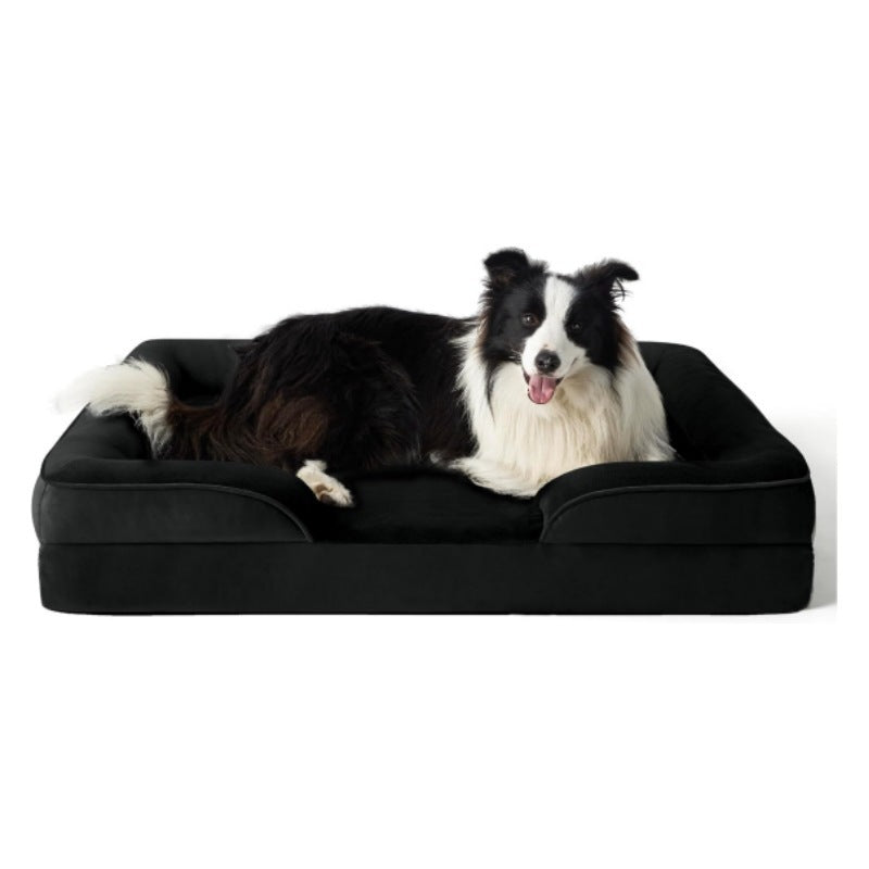Blue cushioned dog bed measuring 76 by 51cm