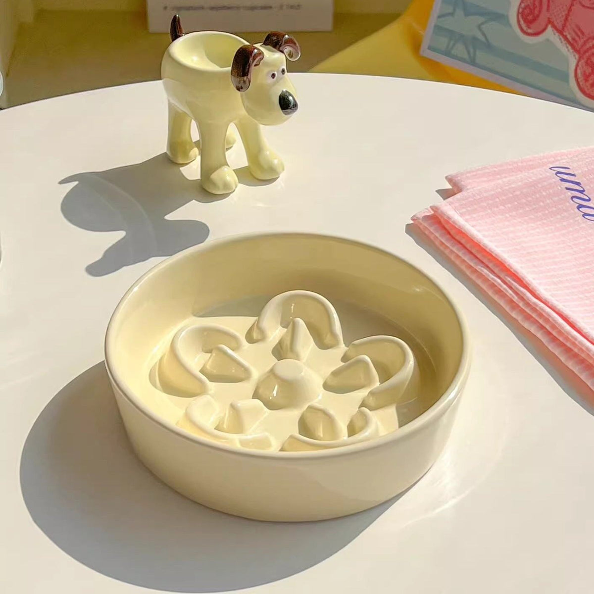 Flower-Shaped Ceramic Slow Feeder Pet Bowl with Wooden Stand for Cats and Dogs