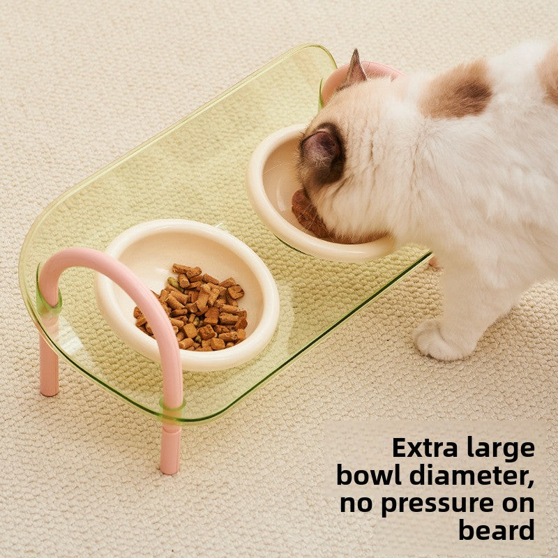 Anti-Spill Elevated Double Pet Bowl in Plastic or Ceramic with Neck Protection