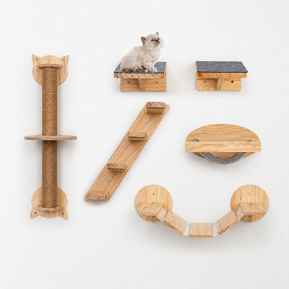 Wall-mounted wooden cat furniture with sisal, product overview photo