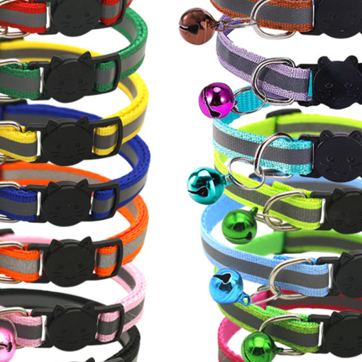 Striped reflective cat collar with bell, close-up detail view