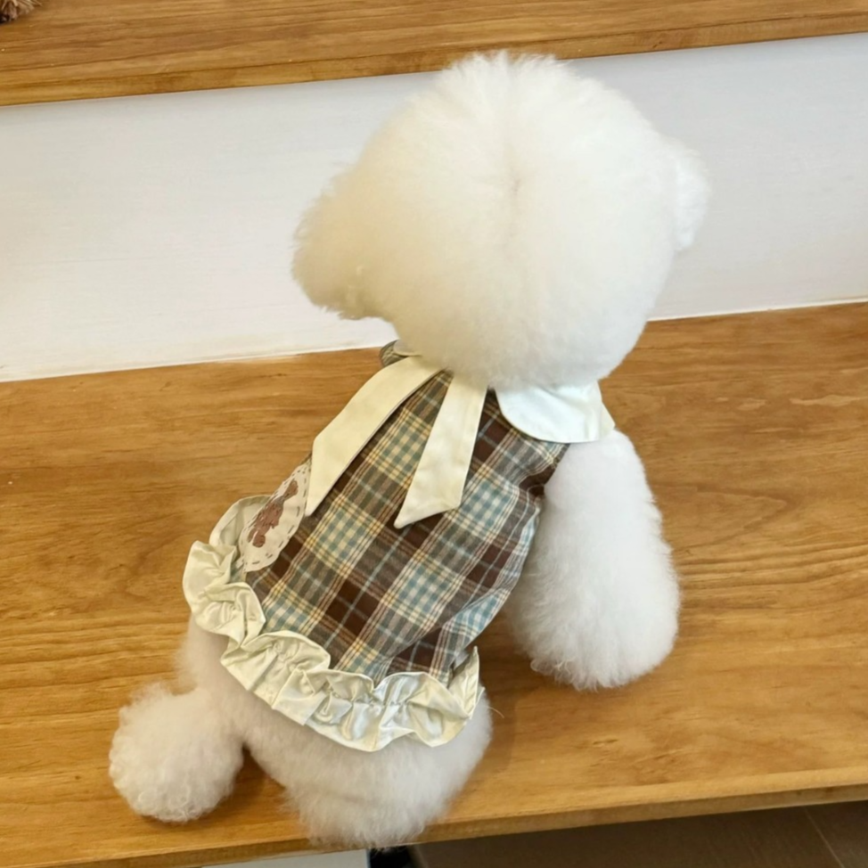 Plaid dog dress with lace trim, in Brown Plaid, image 1