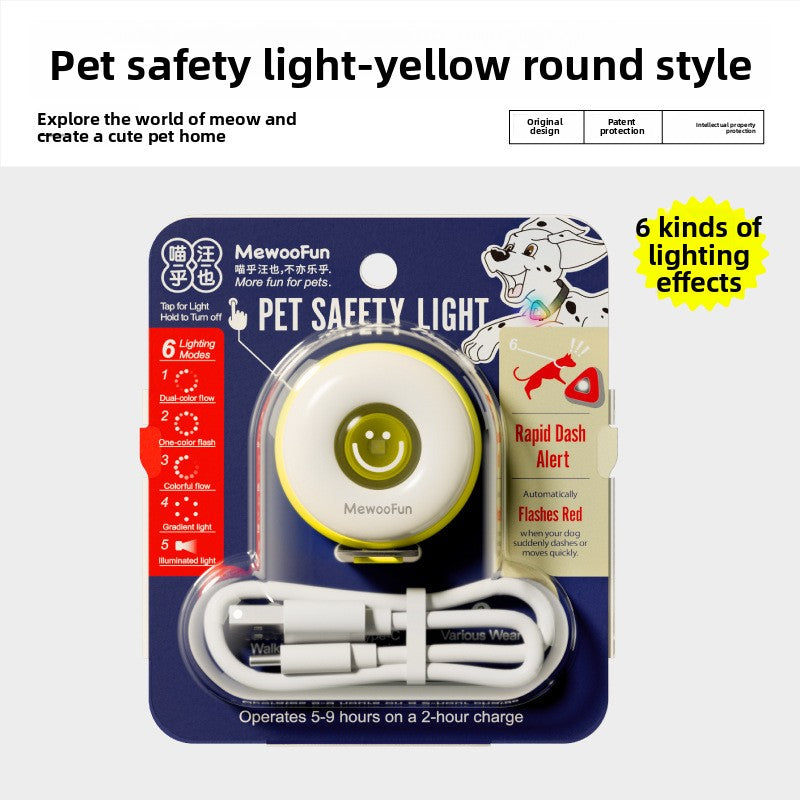 Clip on LED pet safety light in round shape on a collar