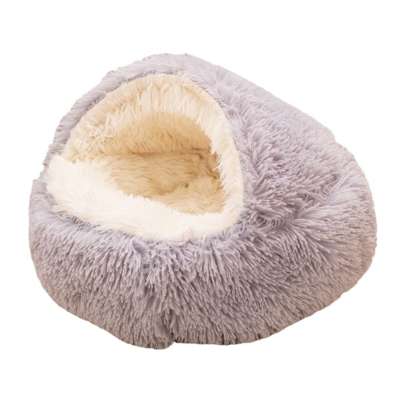 Round shell plush pet nest bed with semi-enclosed hood for cats, photo 4
