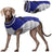 Windproof fleece lined padded dog coat in Black and Grey, in use with a pet