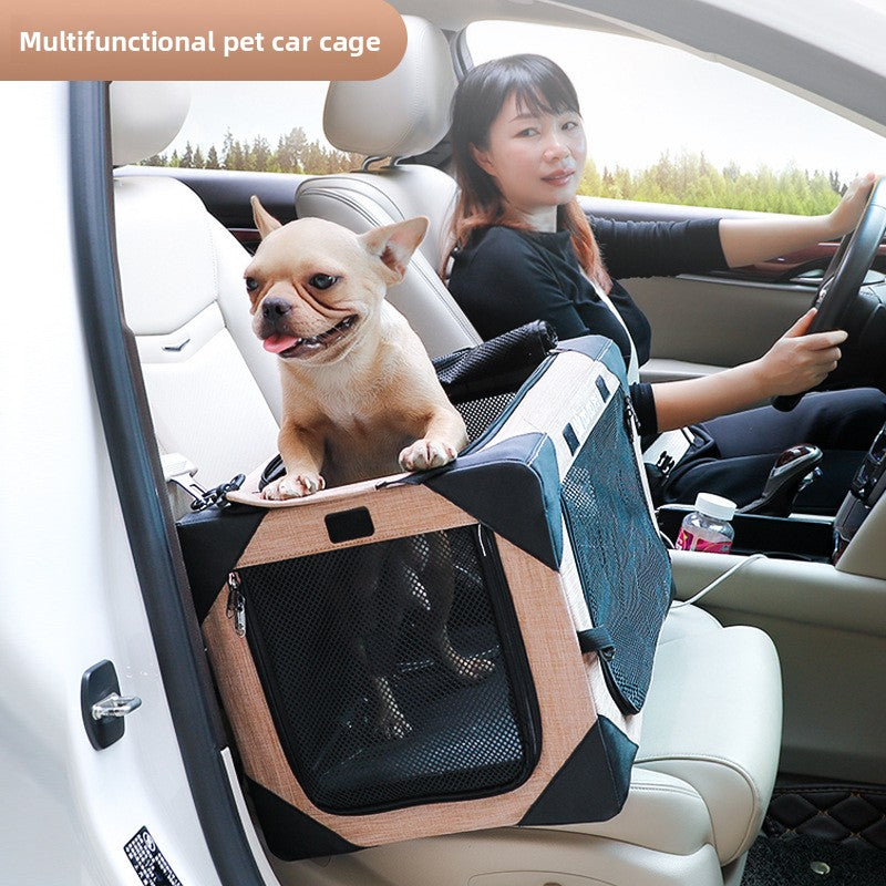 Foldable car pet crate for dogs and cats, shown in 3 colours and styles