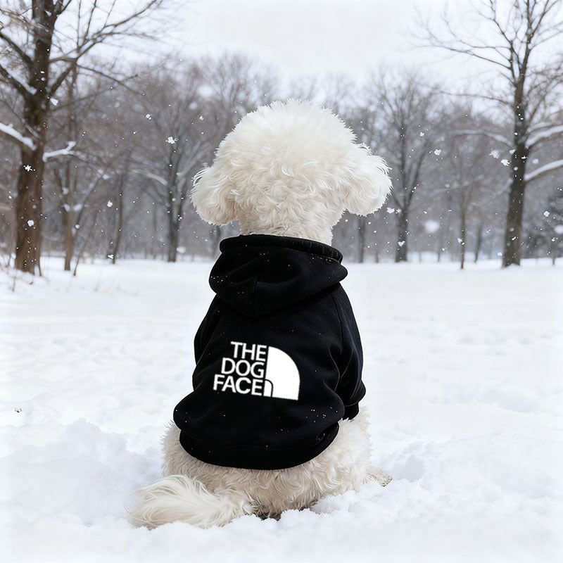 Hooded fleece sweatshirt for small dogs and cats, showing size and shape