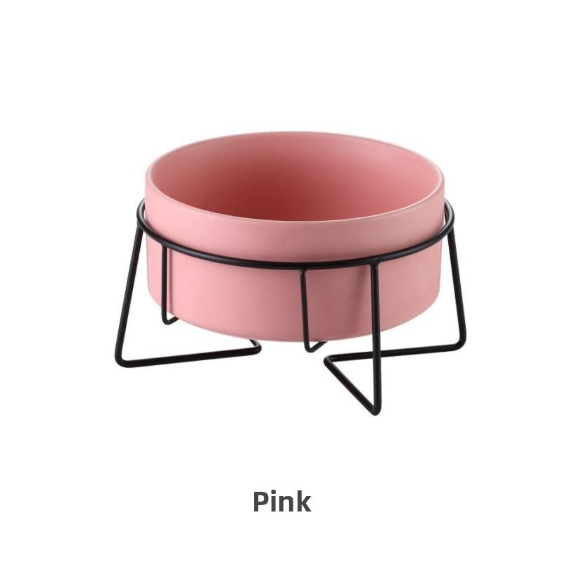Raised glazed ceramic pet bowl on a stand in pastel yellow, view 22