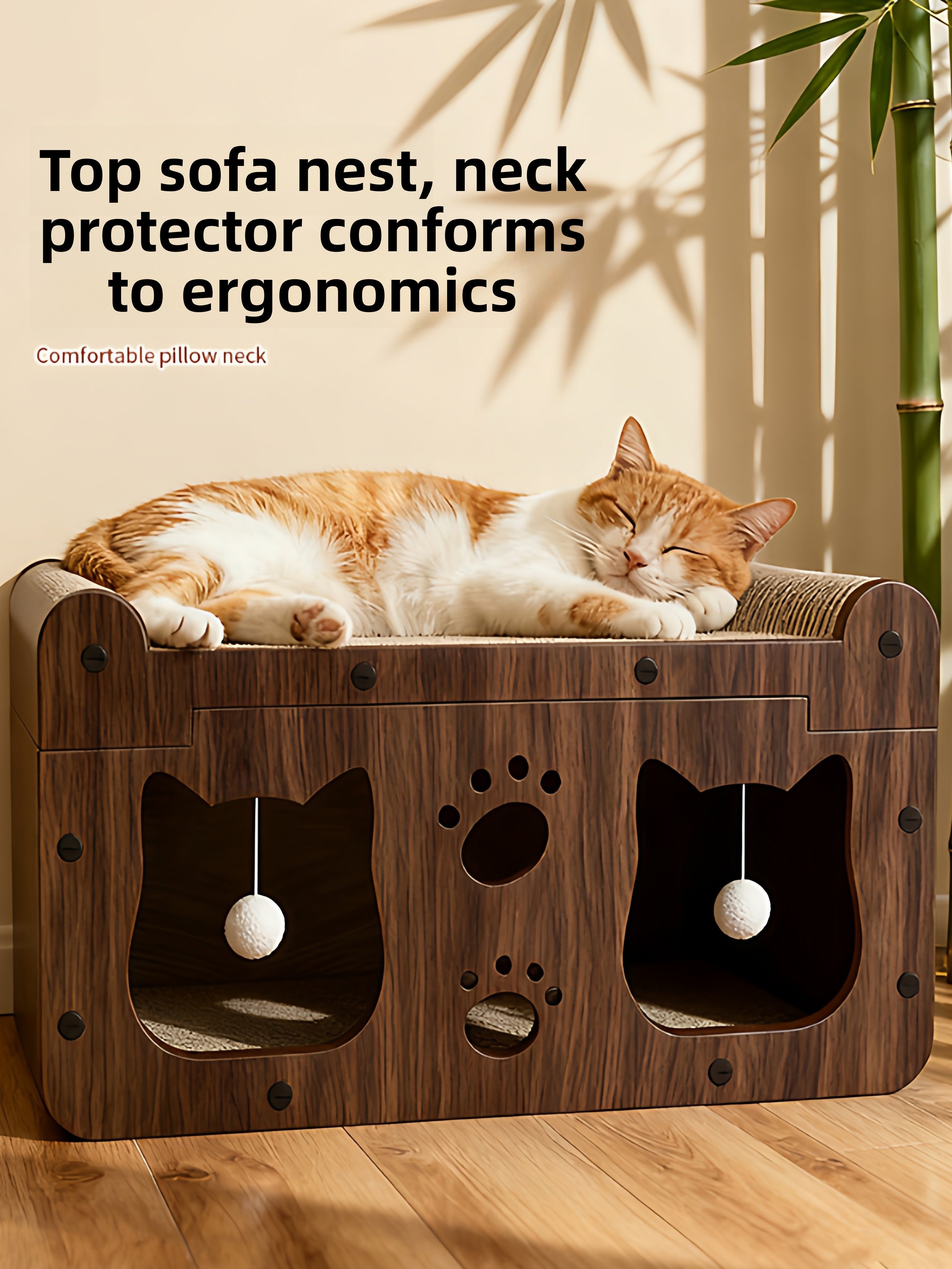 Two tier cardboard cat house with scratching board and play balls, view 3 of 14