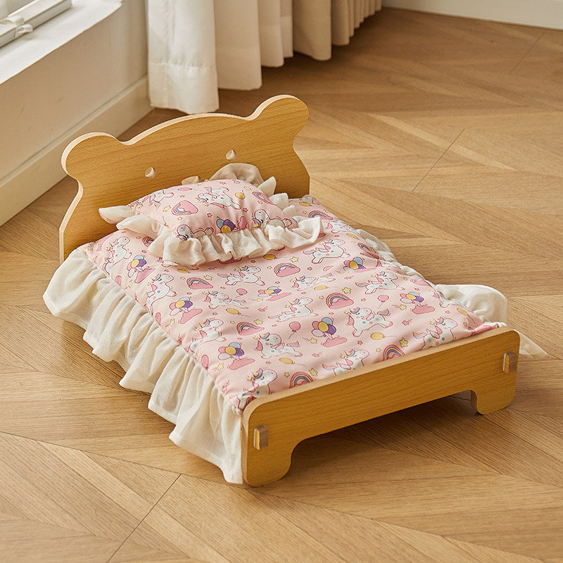 Removable washable pet bed with cute print, further angle view