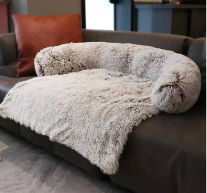 Dark grey long plush curved dog bed with raised sides, photo 33