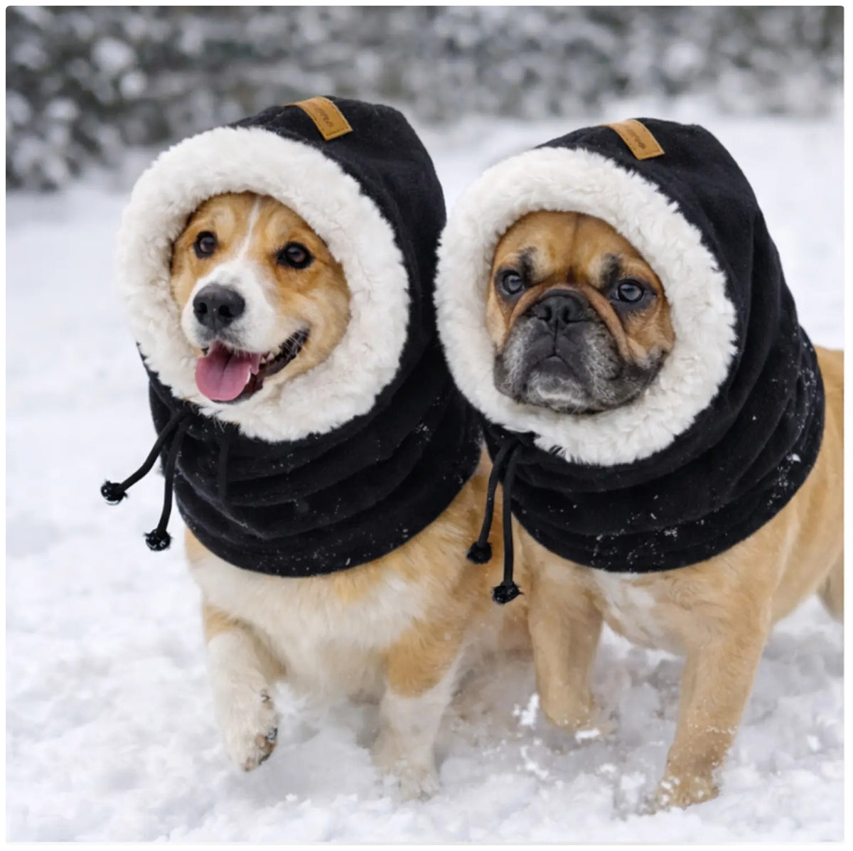 Black pet winter hat with long ear flaps and elastic strap
