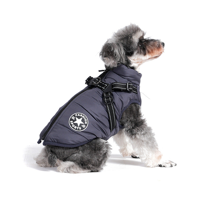 Padded cotton dog jacket with built-in lead vest in Navy Blue, side view