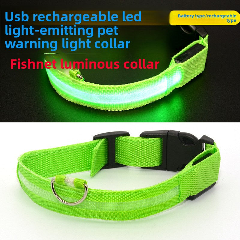 USB rechargeable LED mesh dog collar glowing blue at night