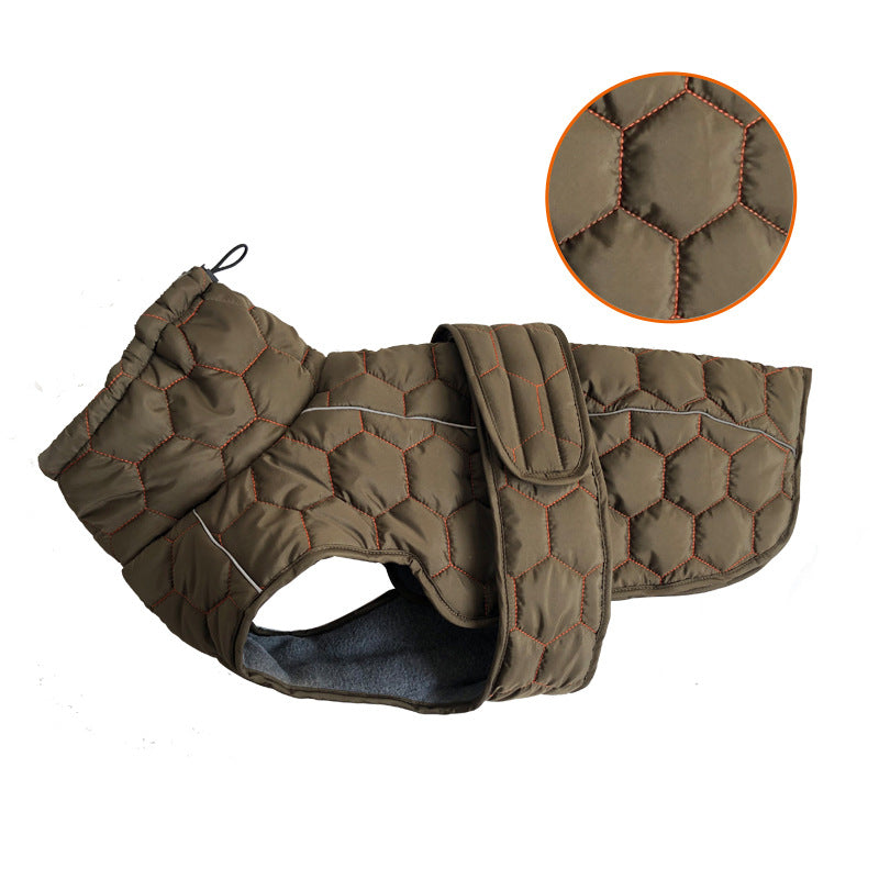 Thick water-repellent dog jacket with reflective trim in Olive, in a home setting