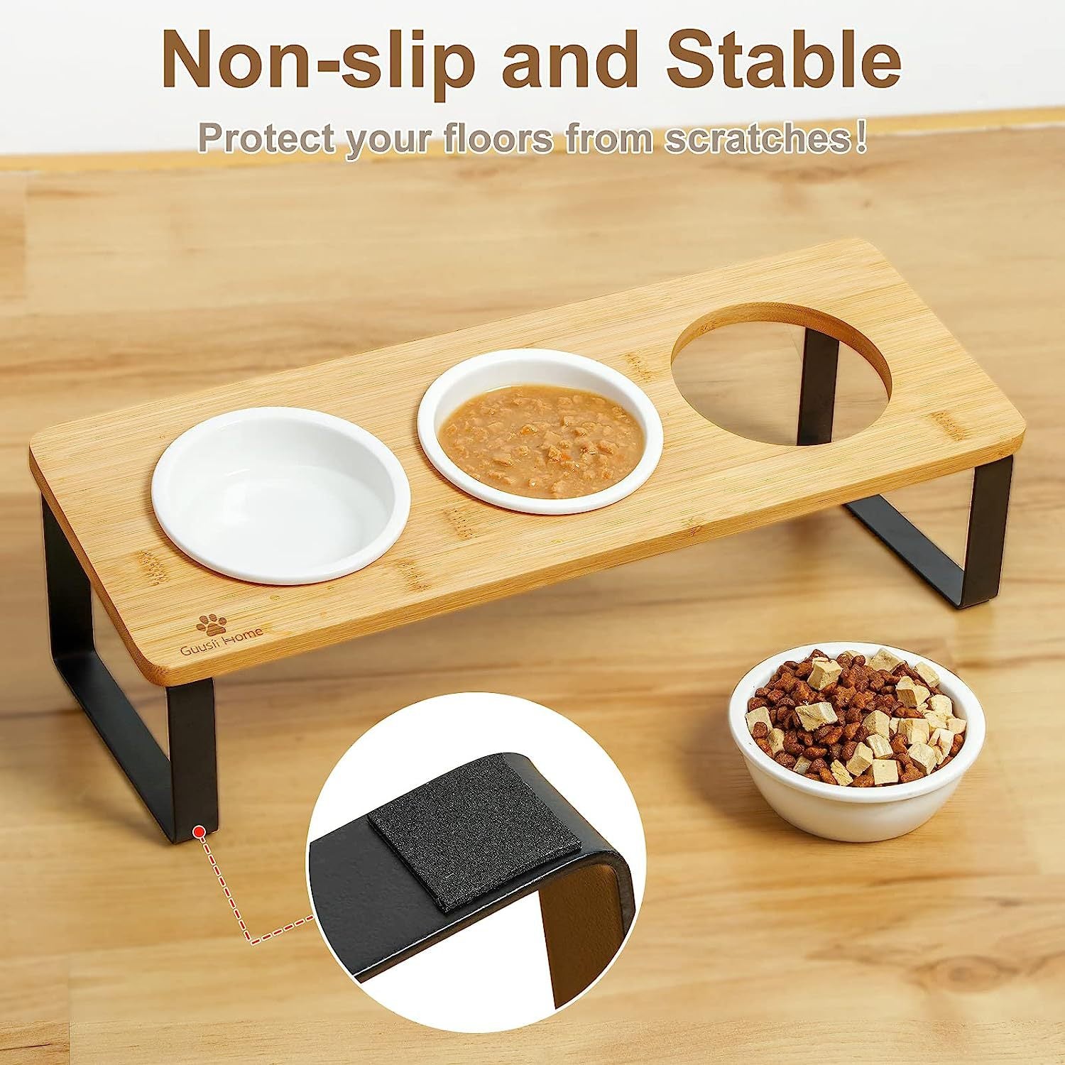 Elevated wooden cat feeding stand with three bowls, photo 1 of 5