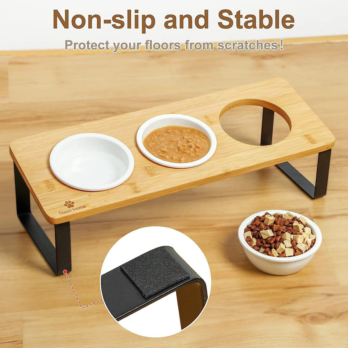 Elevated wooden cat feeding stand with three bowls, photo 1 of 5