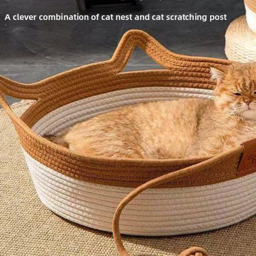 Woven rattan cat bed with soft cotton pad in grey