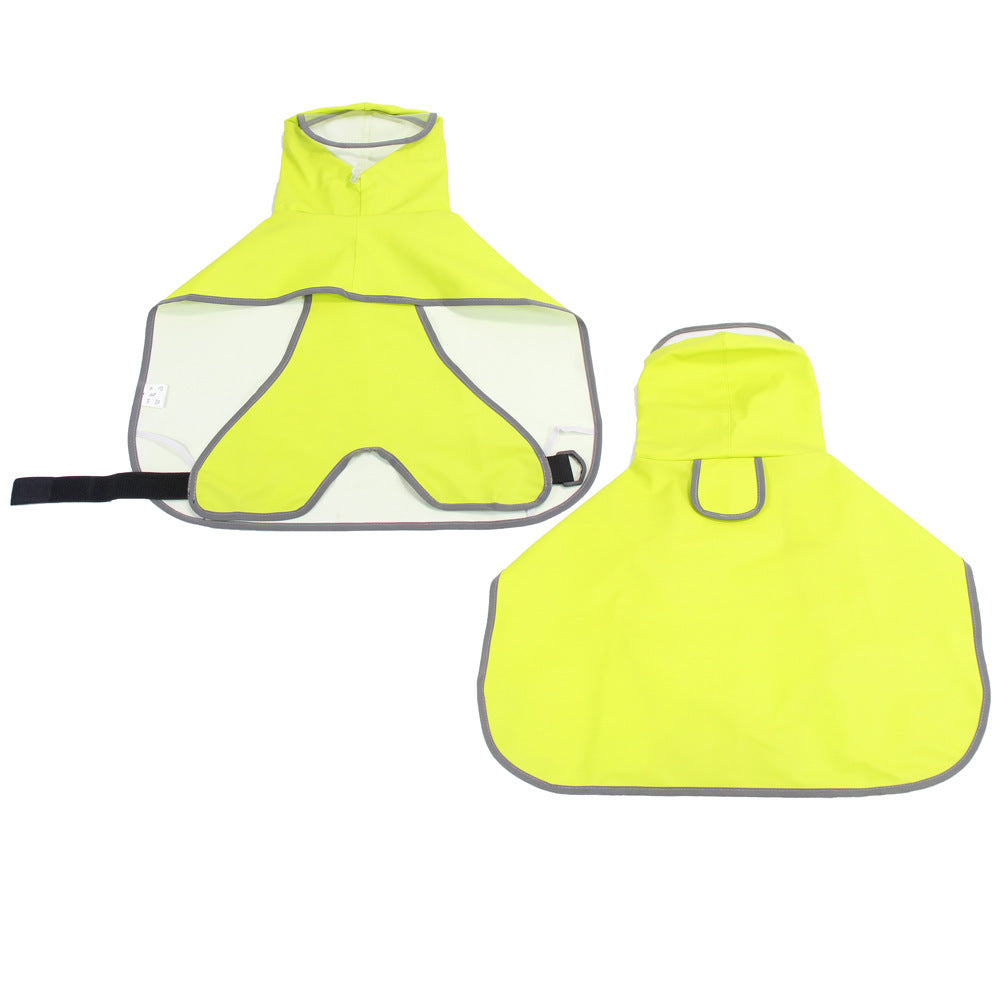 Waterproof PU dog raincoat cape with belly cover in Moon Rabbit, showing size and shape