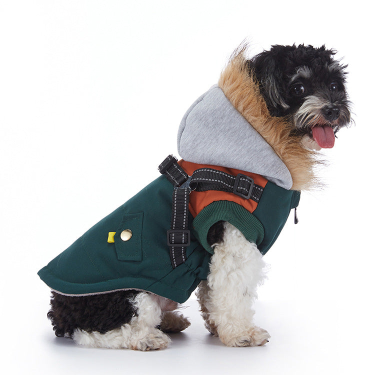 Waterproof padded British style dog winter coat in Pink Grey Dot, material detail