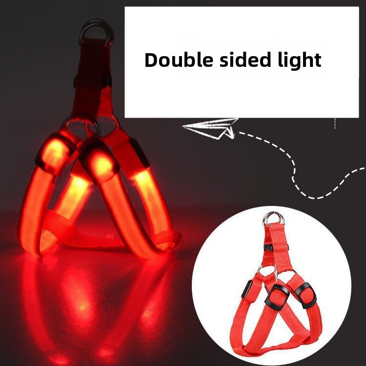 Light up dog harness with reflective strap shown in seven colours