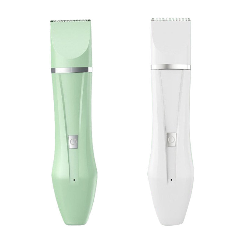 Cordless electric pet hair clipper in white with charging base