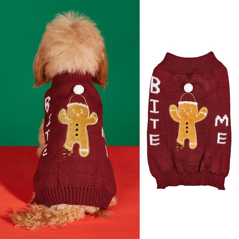 Christmas knitted pet jumper with festive design in Red Button Deer, in a home setting
