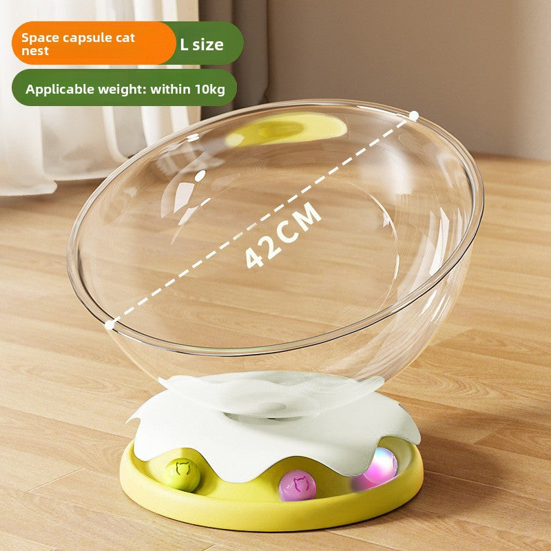 Clear capsule cat bed in transparent plastic with cream base, view 10