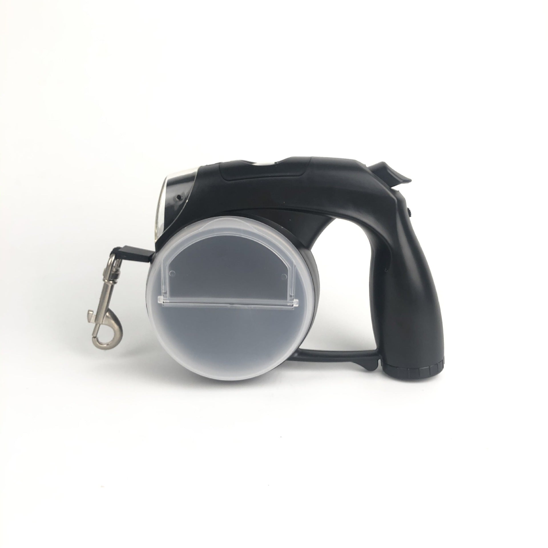 Compact automatic retractable dog lead, close-up detail view