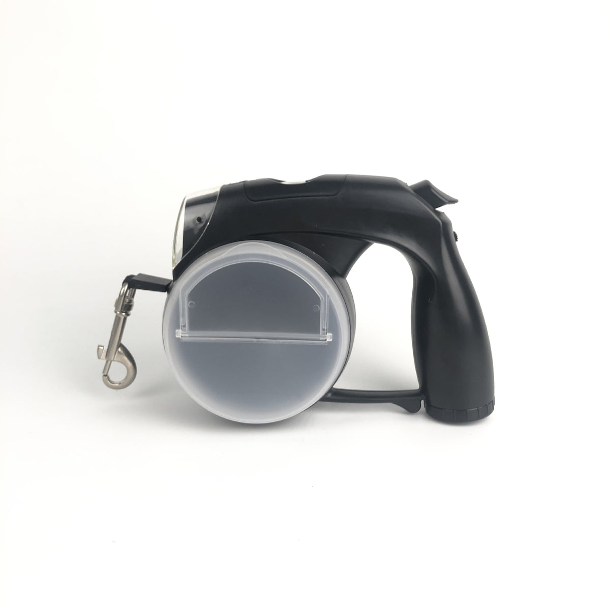 Compact automatic retractable dog lead, close-up detail view