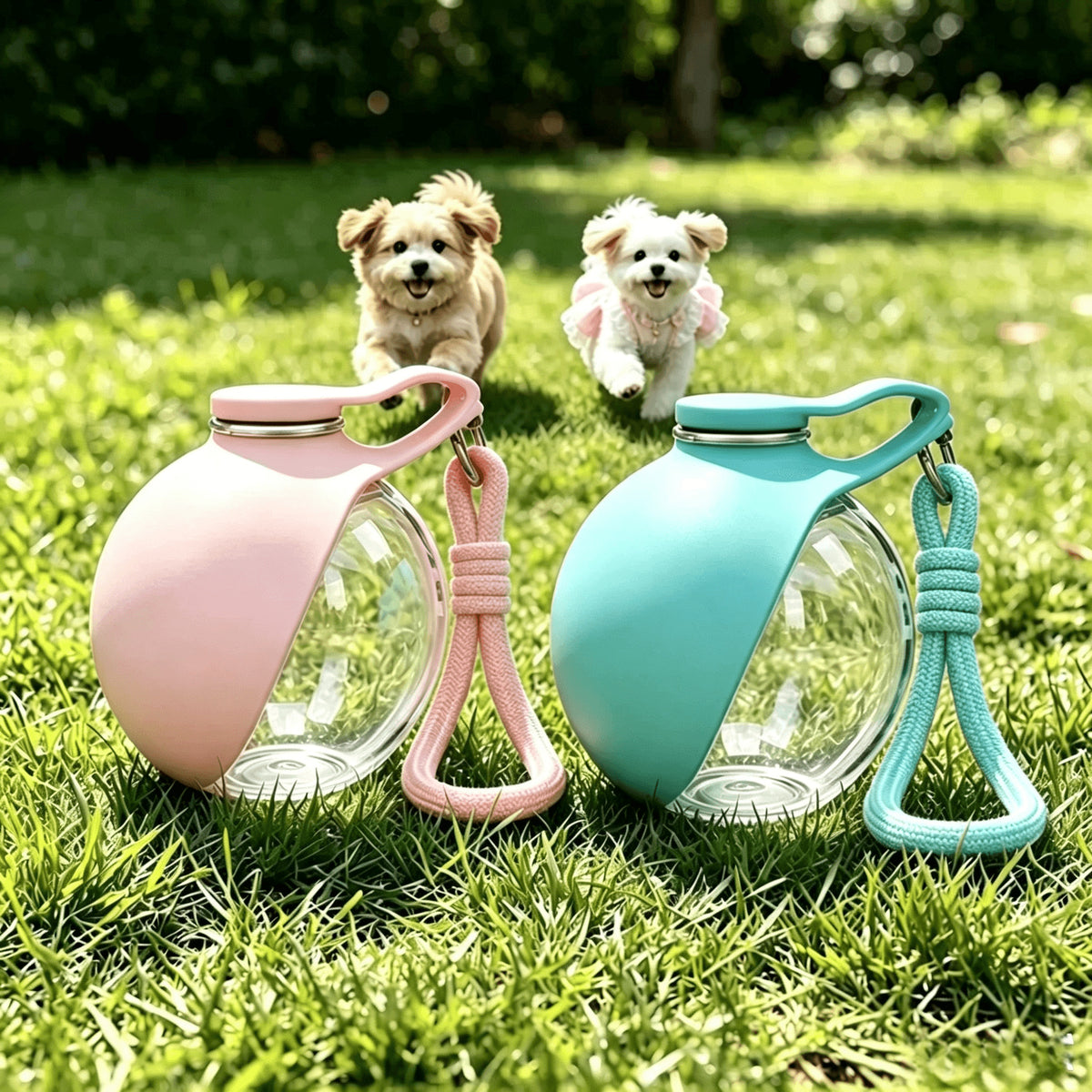 Foldable pet water bottle with ball outlet in Blue, front view